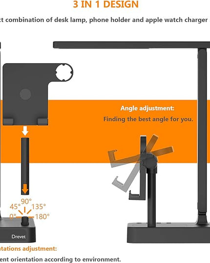 Drevet 3 in 1 LED Desk Table Lamp with Cell Phone Holder and Apple Watch Charger Stand, Eye-Caring Foldable Desk Light with USB Charging Port, 3 Level Brightness, Memory Function, Touch Control, Black - LeafyLoom