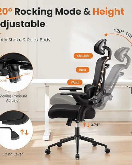 Ergonomic Office Chair, High Back Desk Chair with Adjustable Lumbar Support & Headrest,Comfortable Mesh Computer Chair with Soft Flip Up Arms, Adjustable Height and 120°Tilt,Black - LeafyLoom