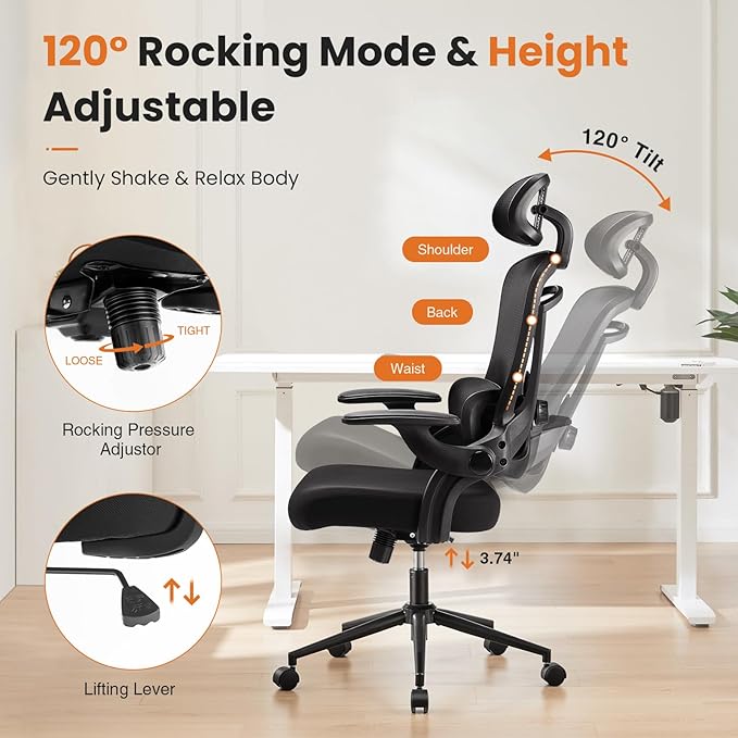 Ergonomic Office Chair, High Back Desk Chair with Adjustable Lumbar Support & Headrest,Comfortable Mesh Computer Chair with Soft Flip Up Arms, Adjustable Height and 120°Tilt,Black - LeafyLoom