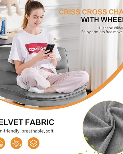 COMHOMA Criss Cross Chair with Wheels, Armless Wide Cross Legged Office Chair Mid Back, Modern Home Office Desk Chair Swivel Adjustable Vanity Computer Chair, Gray Velvet - LeafyLoom