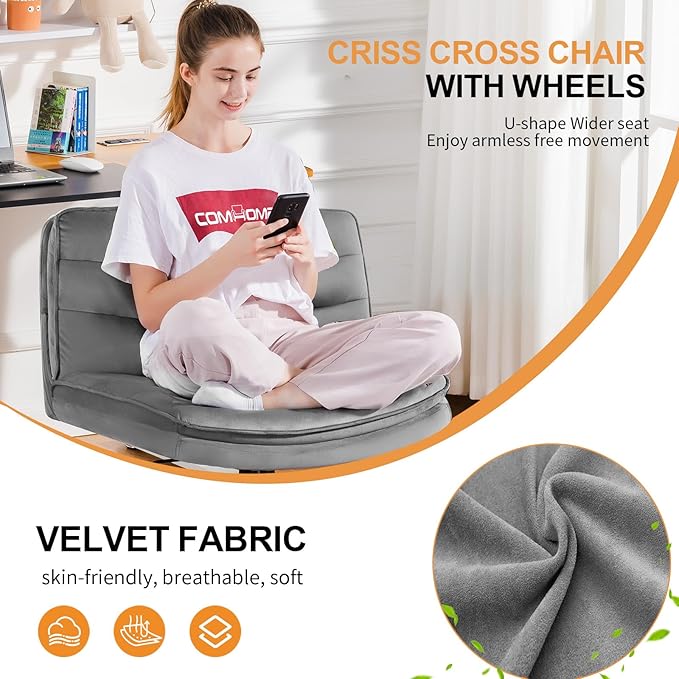 COMHOMA Criss Cross Chair with Wheels, Armless Wide Cross Legged Office Chair Mid Back, Modern Home Office Desk Chair Swivel Adjustable Vanity Computer Chair, Gray Velvet - LeafyLoom