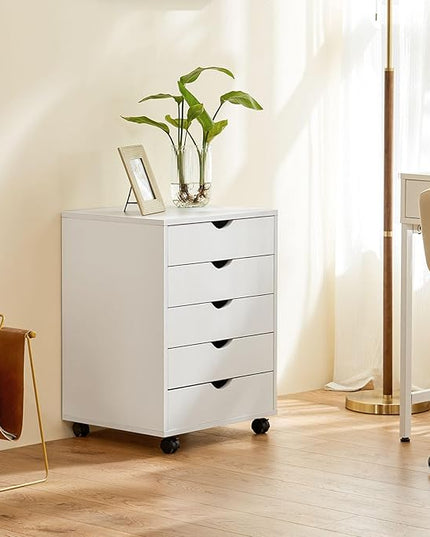 DUMOS 5 Drawer File Cabinet 5 Wood Rolling Organizer Storage Chest with Wheels Mobile Printer Stand for Home Office, White - LeafyLoom