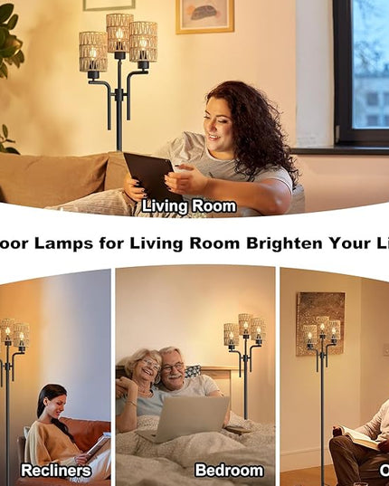 Rattan Floor Lamp, Boho Style Standing Lamp with Foot Switch, 3 Head E26 Universal Sockets, Metal Standing Floor Lamp for Living Room, Bedroom (Bulb Not Included) - LeafyLoom