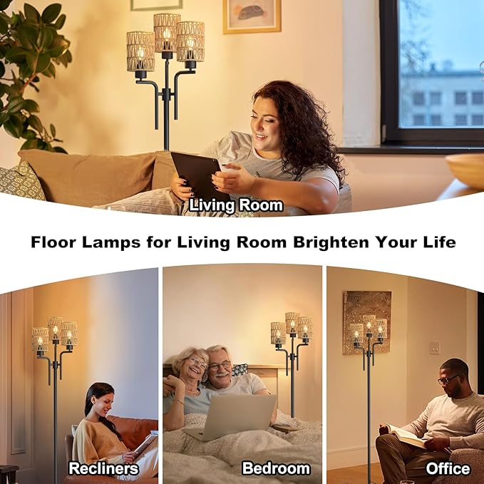 Rattan Floor Lamp, Boho Style Standing Lamp with Foot Switch, 3 Head E26 Universal Sockets, Metal Standing Floor Lamp for Living Room, Bedroom (Bulb Not Included) - LeafyLoom