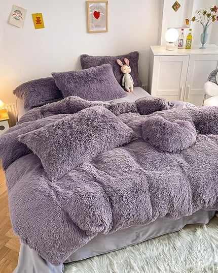 Faux Fur Kid Girls Purple Comforter Sets King - 3PC Bed Set Warm Comfortable Soft Plush Flannel Velvet Fluffy Fuzzy Bedding（Comforter x 1 Pillowcases x 2） - LeafyLoom