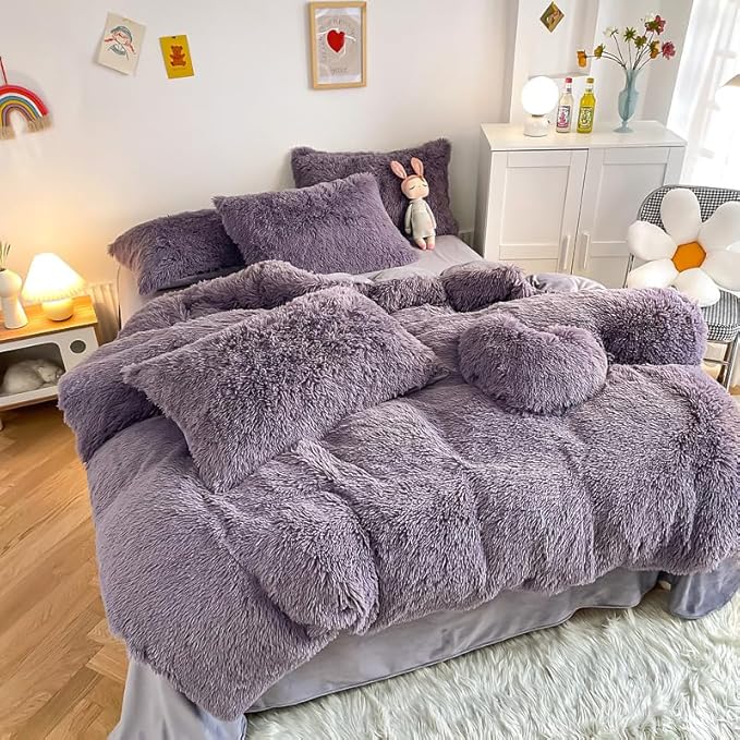 Faux Fur Kid Girls Purple Comforter Sets Queen - 3PC Bed Set Warm Comfortable Soft Plush Flannel Velvet Fluffy Fuzzy Bedding（Comforter x 1 Pillowcases x 2） - LeafyLoom