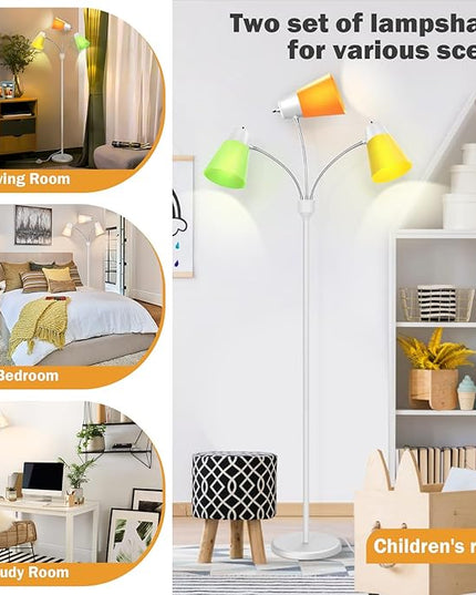 FOLKSMATE LED Floor Lamp, Medusa 3 Head Modern Adjustable Gooseneck Tall Standing Light for Living/Kids Room, Bedroom, White - LeafyLoom