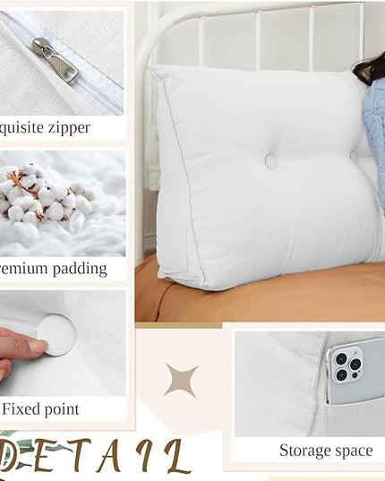 Headboard Wedge Pillow Triangular Bed Rest Reading Backrest Body Bolster Cushion Back Support Long Bolster Pillow for Bed Gifts with Removable Cover(White, Queen (59 x 20 x 8 Inch)) - LeafyLoom