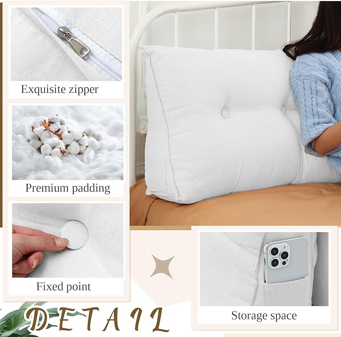 Headboard Wedge Pillow Triangular Bed Rest Reading Backrest Body Bolster Cushion Back Support Long Bolster Pillow for Bed Gifts with Removable Cover(White, Queen (59 x 20 x 8 Inch)) - LeafyLoom