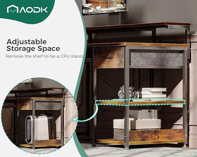 AODK Small Computer Desk with Keyboard Tray, 40 Inch Office Desk with Power Outlet, Work Desk with Drawer, Reversible Desk with Adjustable Monitor Shelf and Storage Shelf for Home, Rustic Brown - LeafyLoom