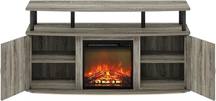 Furinno Jensen Living Room Fireplace TV Entertainment Center with Doors Storage Cabinet for TV up to 55 Inch, French Oak Grey/Black - LeafyLoom
