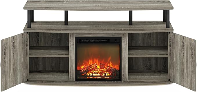 Furinno Jensen Living Room Fireplace TV Entertainment Center with Doors Storage Cabinet for TV up to 55 Inch, French Oak Grey/Black - LeafyLoom