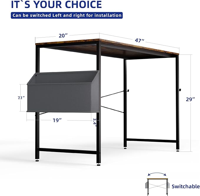 Pamray 47 Inch Computer Desk for Small Spaces with Storage Bag, Home Office Work Desk with Headphone Hook, Small Office Desk Study Writing Table - LeafyLoom