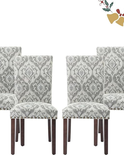 Parsons Dining Chairs Set of 4, Upholstered Nailhead Dining Room Kitchen Side Chair with Thick Cushions and Wood Legs, White/Grey - LeafyLoom