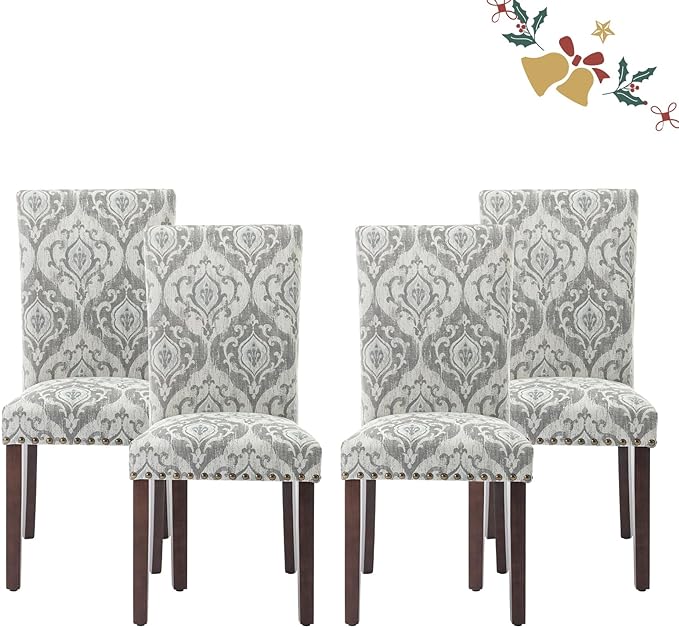 Parsons Dining Chairs Set of 4, Upholstered Nailhead Dining Room Kitchen Side Chair with Thick Cushions and Wood Legs, White/Grey - LeafyLoom