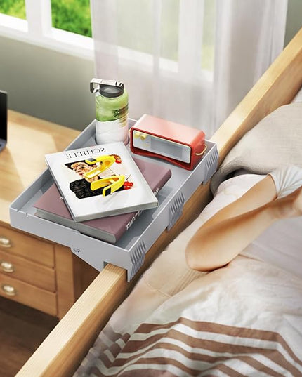 SPACELEAD Bedside Shelf for Bed – College Dorm Room Clip On Nightstand with Cup Holder & Cord Holder -Tray Table Caddy for Students – Bunk Bed Shelf for Organizer Top for Bedroom (grey，Plastic) - LeafyLoom