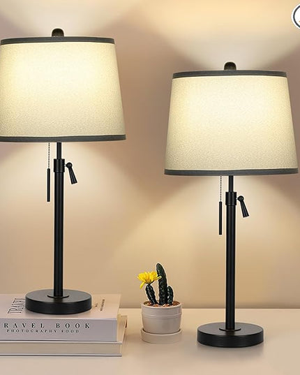 Bedside Table Lamps Set of 2: Tall Table Lamps for Living Room 22" to 30" Height Adjustable Black Bedroom Nightstand Lamps | 3-Way Dimmable with Pull Chain Switch End Table Lamp for Office Farmhouse - LeafyLoom