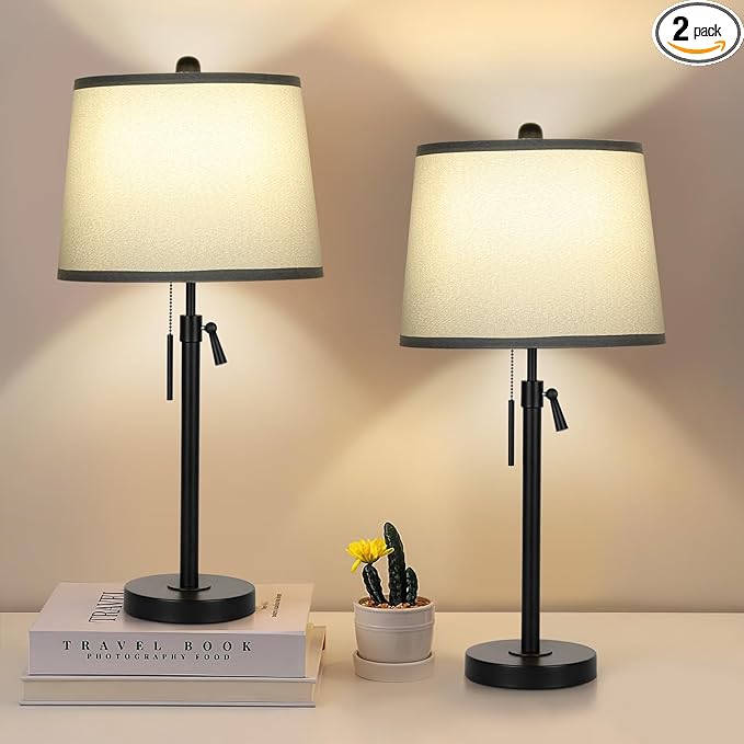 Bedside Table Lamps Set of 2: Tall Table Lamps for Living Room 22" to 30" Height Adjustable Black Bedroom Nightstand Lamps | 3-Way Dimmable with Pull Chain Switch End Table Lamp for Office Farmhouse - LeafyLoom