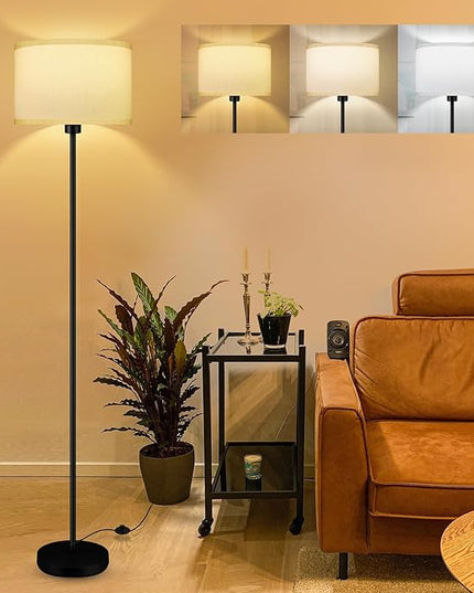 Floor Lamps for Living Room, Modern Standing Lamp with 3 Color Temperatures(9W Bulb), White Linen Lampshade, Foot Switch, Simple Reading Floor Lamps Tall Lamps for Bedroom/Office/Nightstand/Classroom - LeafyLoom