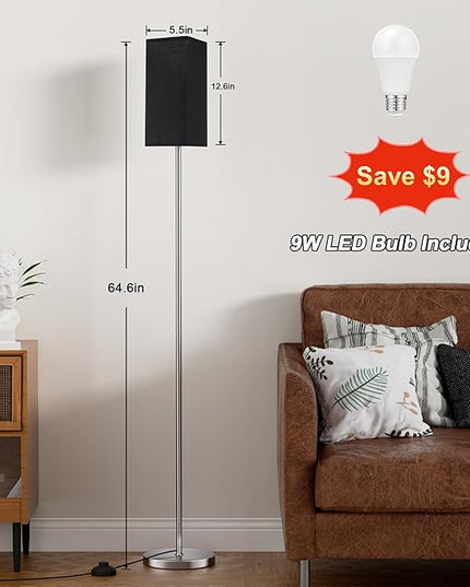 Ambimall Remote Control Floor Lamp, Stepless Dimmable, 64 Inches Tall, Include 9W Bulb, Standing Lamp for Living Room Bedroom Office (Black & Sliver) - LeafyLoom