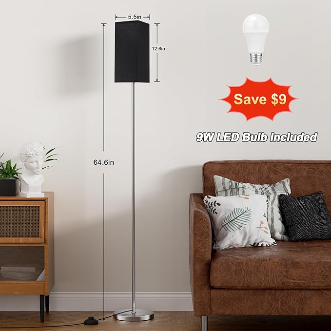 Ambimall Remote Control Floor Lamp, Stepless Dimmable, 64 Inches Tall, Include 9W Bulb, Standing Lamp for Living Room Bedroom Office (Black & Sliver) - LeafyLoom