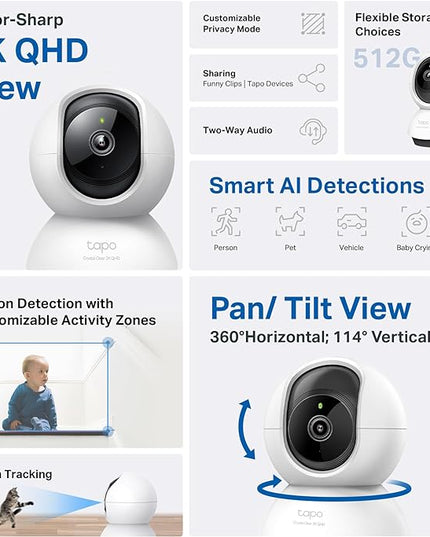TP-Link Tapo 2K QHD Pan/Tilt Security Camera for Pet Camera, Baby Monitor, Motion Detection, Motion Tracking, 2-Way Audio, Night Vision, Cloud &SD Card Storage, Works w/Alexa & Google Home(Tapo C220) Tapo