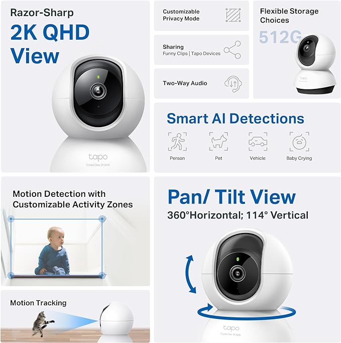 TP-Link Tapo 2K QHD Pan/Tilt Security Camera for Pet Camera, Baby Monitor, Motion Detection, Motion Tracking, 2-Way Audio, Night Vision, Cloud &SD Card Storage, Works w/Alexa & Google Home(Tapo C220) Tapo