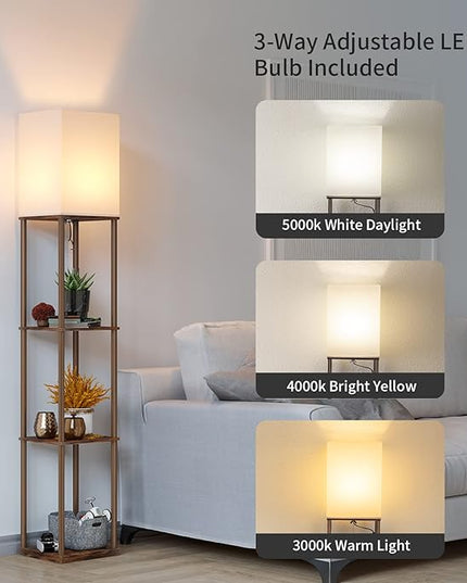 SUNMORY Floor Lamp with Shelves, Modern Square Standing Lamp with 3 Color Temperature Bulb, Corner Display Bookshelf Lamp for Living Room and Bedroom (Rustic Brown) - LeafyLoom