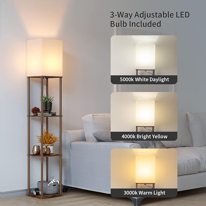 SUNMORY Floor Lamp with Shelves, Modern Square Standing Lamp with 3 Color Temperature Bulb, Corner Display Bookshelf Lamp for Living Room and Bedroom (Rustic Brown) - LeafyLoom