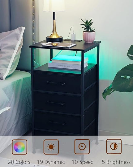 Nightstands Set of 2, Large End Tables Living Room, Bed Side Tables with Charging Station, 30" Tall Night Stand with 4 Fabric Drawers and LED Light Strip for Bedroom FBAHNS014BK - LeafyLoom