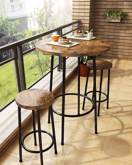 Recaceik 3 Piece Pub Dining Set, Modern Round bar Table and Stools for 2 Kitchen Counter Height Wood Top Bistro Easy Assemble for Breakfast Nook Living Room Small Space Restaurant, Rustic Brown 23 - LeafyLoom