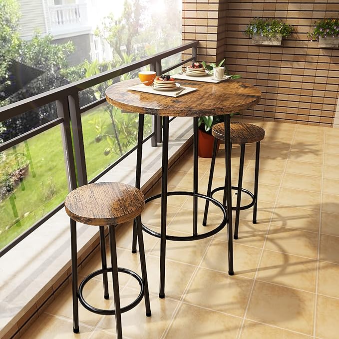 Recaceik 3 Piece Pub Dining Set, Modern Round bar Table and Stools for 2 Kitchen Counter Height Wood Top Bistro Easy Assemble for Breakfast Nook Living Room Small Space Restaurant, Rustic Brown 23 - LeafyLoom