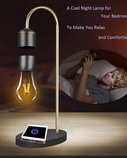 Levitating Light Bulb Lamp with Wireless Charging Pad (Apple/Android) Magnetic Levitation Floating Table Lamp Gold with Replacement Bulb for Home Office Christmas Gift Bedroom Decoration - LeafyLoom
