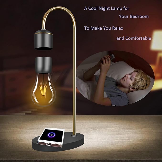 Levitating Light Bulb Lamp with Wireless Charging Pad (Apple/Android) Magnetic Levitation Floating Table Lamp Gold with Replacement Bulb for Home Office Christmas Gift Bedroom Decoration - LeafyLoom