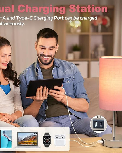 AKASUKI Table Lamp for Bedroom, 3 Way Dimmable Touch Lamp with Dual Charging Station, Small Bedside Lamps for Night Stands, Living Room, Office(LED Bulb Included) - LeafyLoom