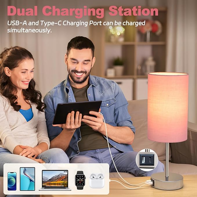 AKASUKI Table Lamp for Bedroom, 3 Way Dimmable Touch Lamp with Dual Charging Station, Small Bedside Lamps for Night Stands, Living Room, Office(LED Bulb Included) - LeafyLoom