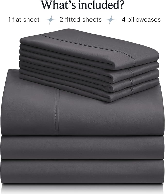 LuxClub 7 PC Split King Sheet Set, Breathable Luxury Bed Sheets, Deep Pockets 18" Eco Friendly Wrinkle Free Cooling Sheets Machine Washable Hotel Bedding Silky Soft - Dark Grey Split King - LeafyLoom