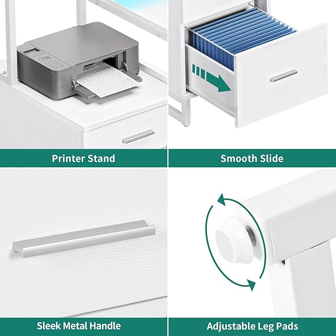 YITAHOME L Shaped Desk with Power Outlets & Hutch, Computer Desk with Drawers & LED Lights, Reversible Corner Office Desk with Printer Stand for Home Office, White - LeafyLoom