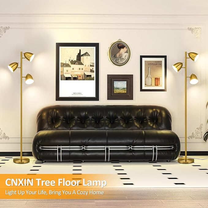 Tree Floor Lamp with 3 Light Bulbs Standing Tall Pole Lamps with Adjustable Metal Heads 65"Reading Stand up Lamps with E26 Base Modern Floor Lamps for Living Rooms, Bedrooms, Home, Office(Gold) - LeafyLoom
