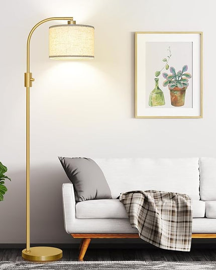 【Upgraded】 Dimmable Floor Lamp, 1200 Lumens LED Bulb Included, Gold Arc Floor Lamps for Living Room Modern Standing Lamp with Linen Shade, Tall Lamp for Living Room Bedroom Office Reading Room Nursery - LeafyLoom