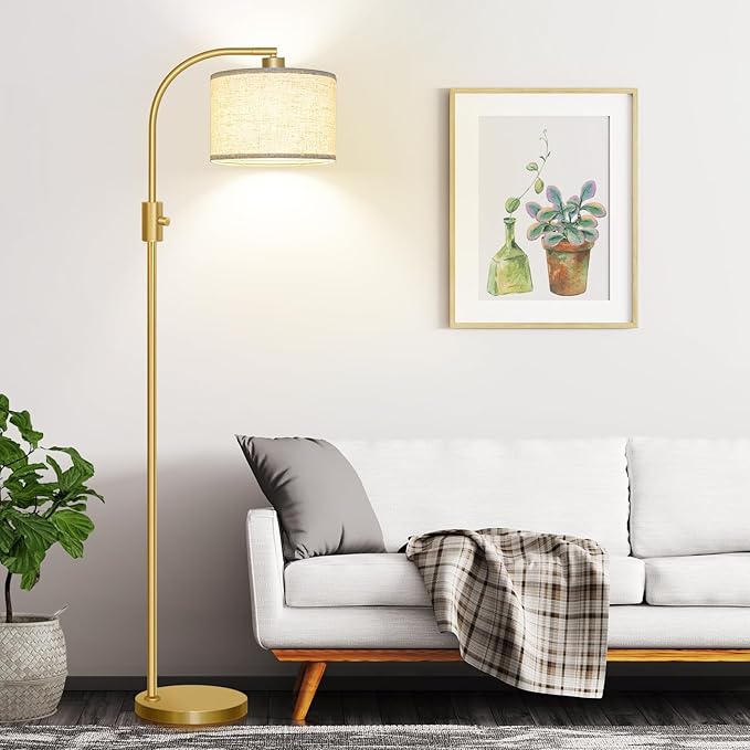 【Upgraded】 Dimmable Floor Lamp, 1200 Lumens LED Bulb Included, Gold Arc Floor Lamps for Living Room Modern Standing Lamp with Linen Shade, Tall Lamp for Living Room Bedroom Office Reading Room Nursery - LeafyLoom