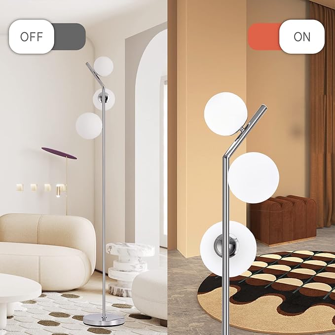 Modern Floor Lamp, LED Standing Tall Pole Lamp with Glass Shade, Elegant Mid Century Modern Floor Lamps for Living Room,Bedroom,Office,3 Lights (Bulbs Included) - LeafyLoom