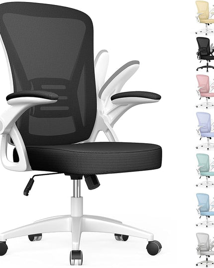naspaluro Ergonomic Office Chair, Mid-Back Computer Chair with Adjustable Height, Flip-Up Arms and Lumbar Support, Breathable Bright White Mesh Desk Chair for Home Study Working - LeafyLoom