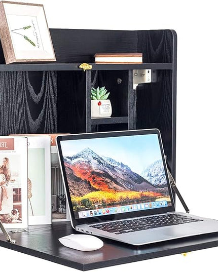 YU YUSING Wall Mounted Table, Multifunctional Fold Down Wall Mounted Laptop Computer Desk with Storage Compartments for Home, Office (Black) - LeafyLoom