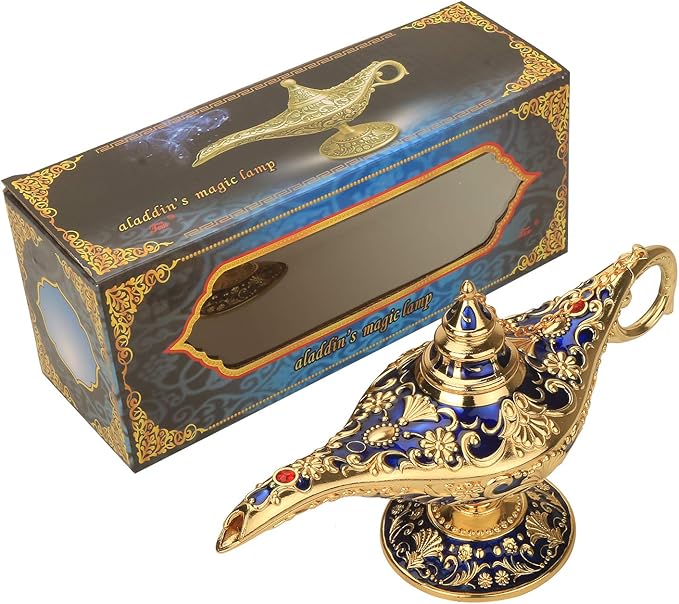 Classic Aladding Magic Genie Lamp Legend Wishing Light Costume Lamp Metal Carved Cone Incense Burner for Home Tabletop Decoration Party Birthday Halloween Christmas (Navy Blue) - LeafyLoom