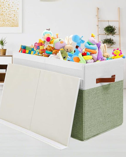 Large Toy Storage Box with Lid, Sturdy Toys Storage Chest Bin Organizer Basket with Dividers for Kids, Boys, Girls, Nursery, Closet, Bedroom, Playroom 25"x13" x16" (Green and White) - LeafyLoom