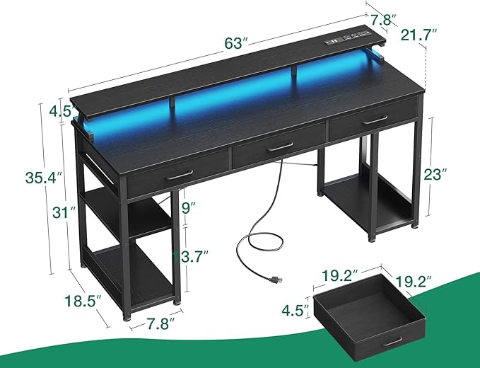 AODK 63 inch Computer Desk with 3 Drawers, Gaming Desk with LED Lights & Power Outlets, Home Office Desk with Storage Shelves & Monitor Stand, Modern Work Study Writing Table for Small Spaces, Black - LeafyLoom