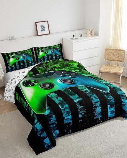 Gamer Comforter Set King Kids Boys Teens USA Flag Stars Down Comforter Gaming Comforter Gamer Room Decor Camo Video Game Bedding Set, Gamepad Console Duvet, Youth Young Man Quilt, Grunge Style - LeafyLoom