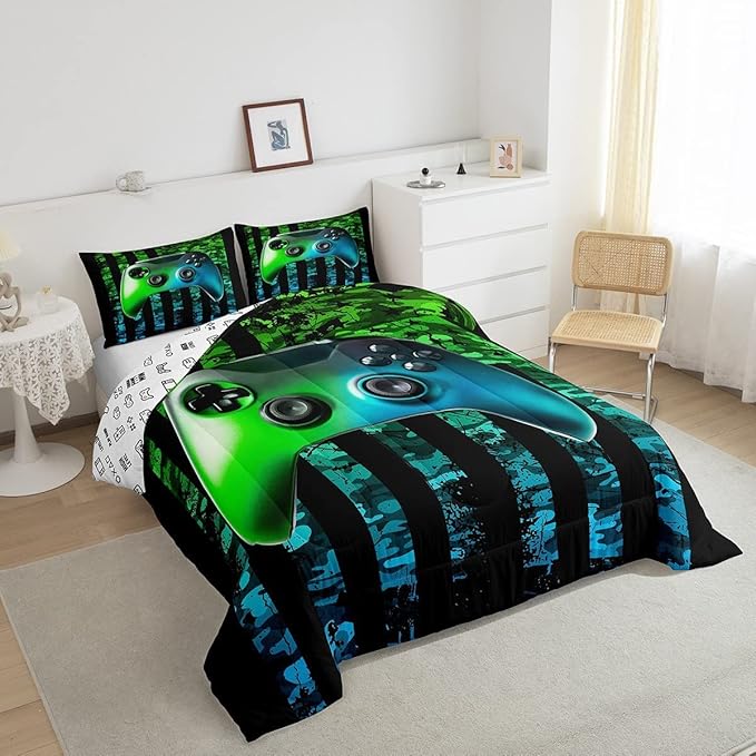 Gamer Comforter Set King Kids Boys Teens USA Flag Stars Down Comforter Gaming Comforter Gamer Room Decor Camo Video Game Bedding Set, Gamepad Console Duvet, Youth Young Man Quilt, Grunge Style - LeafyLoom