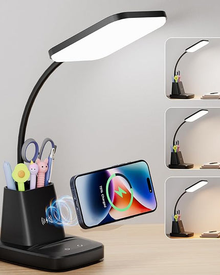 Cotanic LED Desk Lamps for Home Office with Wireless Charger, Stepless Dimmable, 3 Color Modes, Black Study Lamp for College Dorm Room, Touch Control, Pen Holder, CRI 90, 800 Lumen, Adapter Included - LeafyLoom